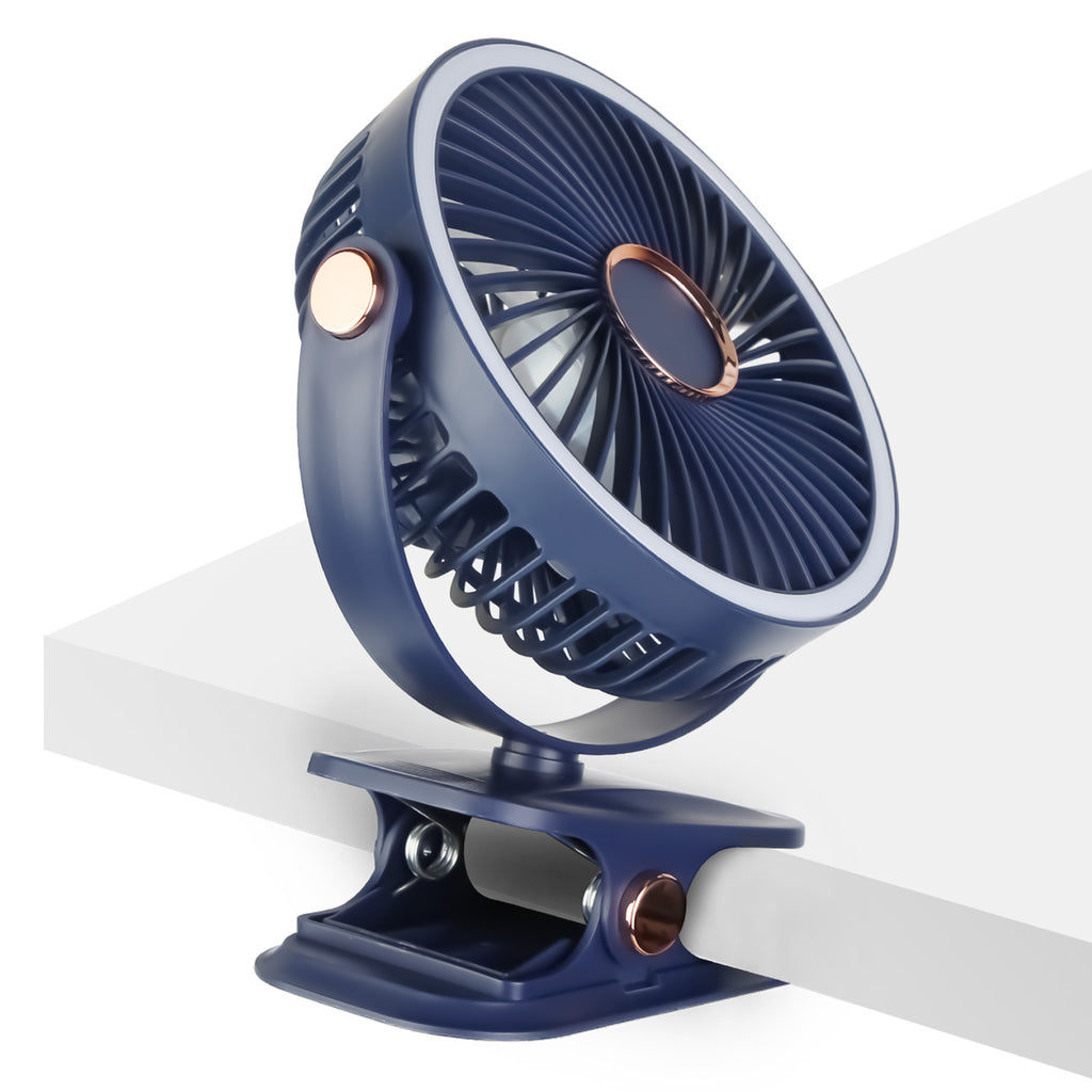 Blue rechargeable fan secured with its padded clip