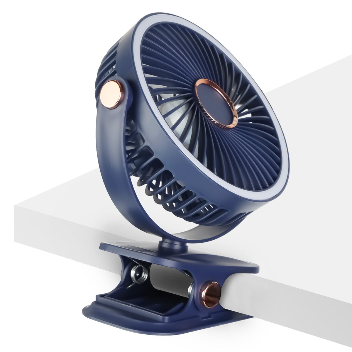 Blue rechargeable fan secured with its padded clip