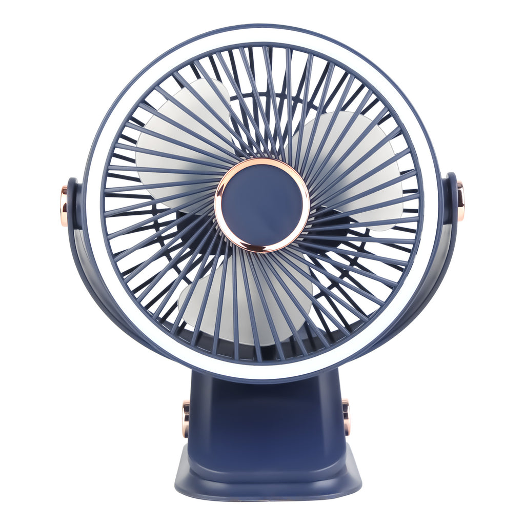 Front view of the blue rechargeable clip-on fan