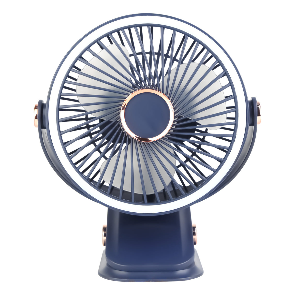Front view of the blue rechargeable clip-on fan