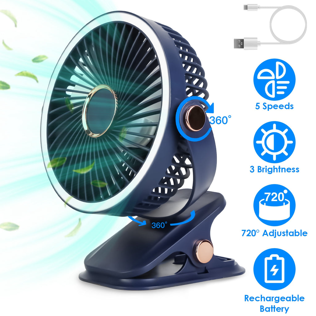 Blue fan with five speeds, adjustable angle, LED light and USB-C cable