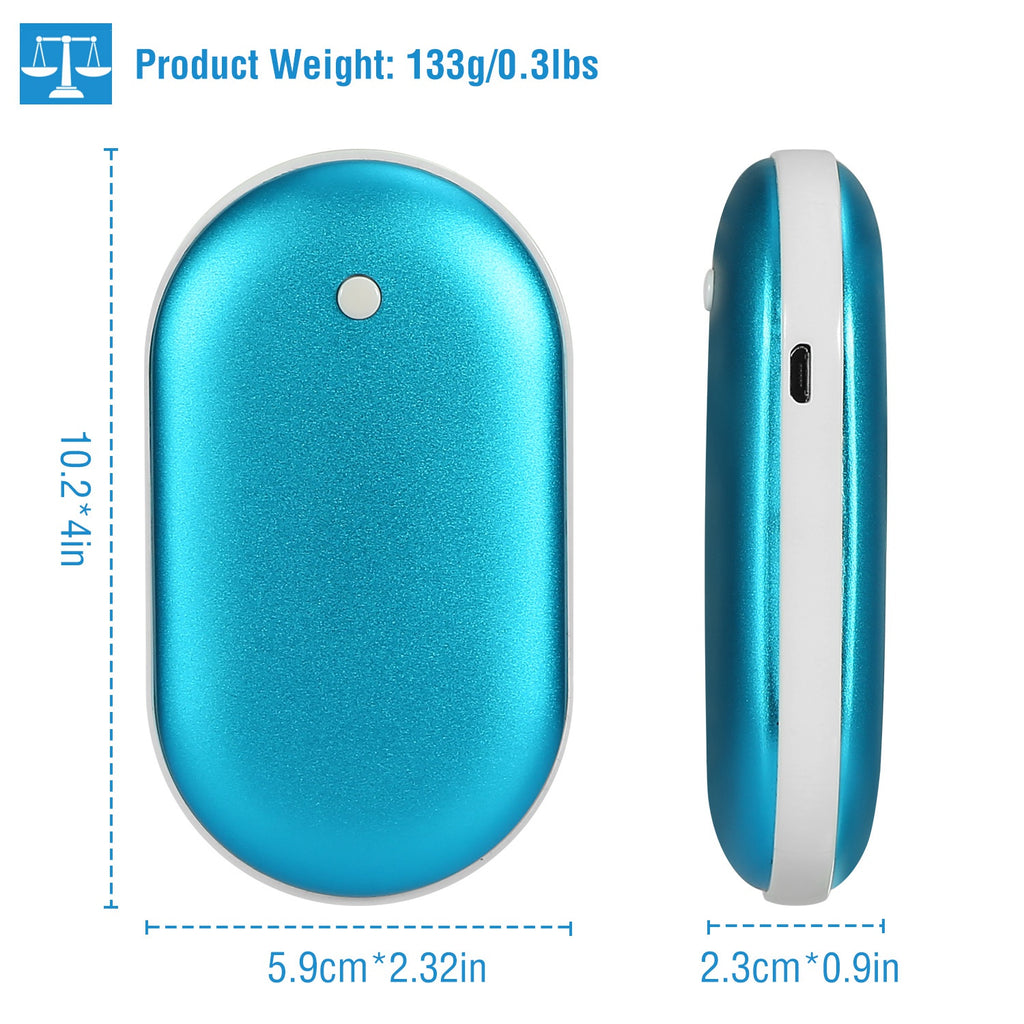 Blue hand warmer size and side profile