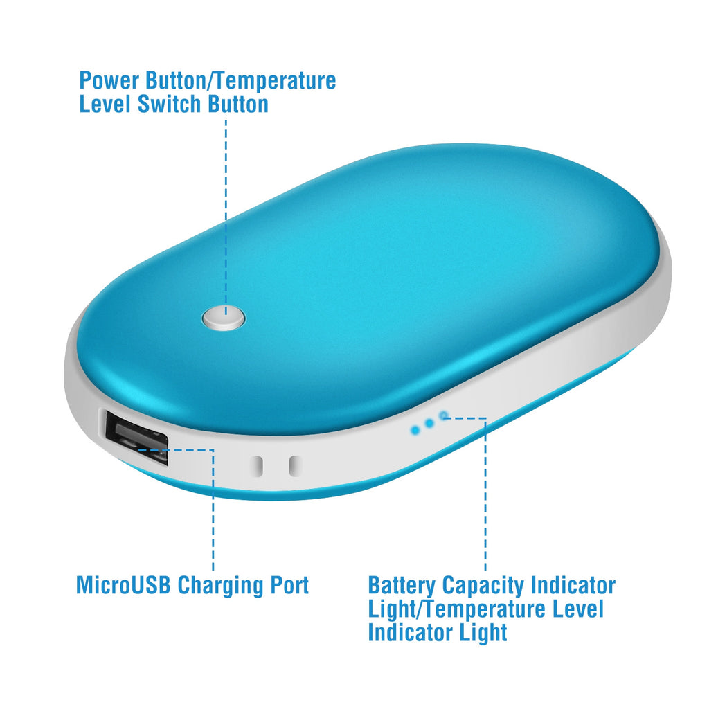 Hand warmer controls, indicator lights and charging port