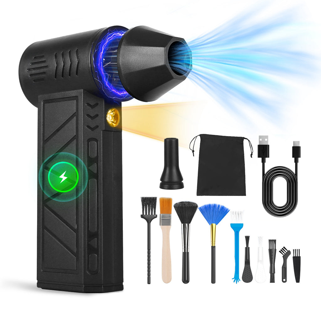 Cordless rechargeable air duster with LED light and cleaning accessories