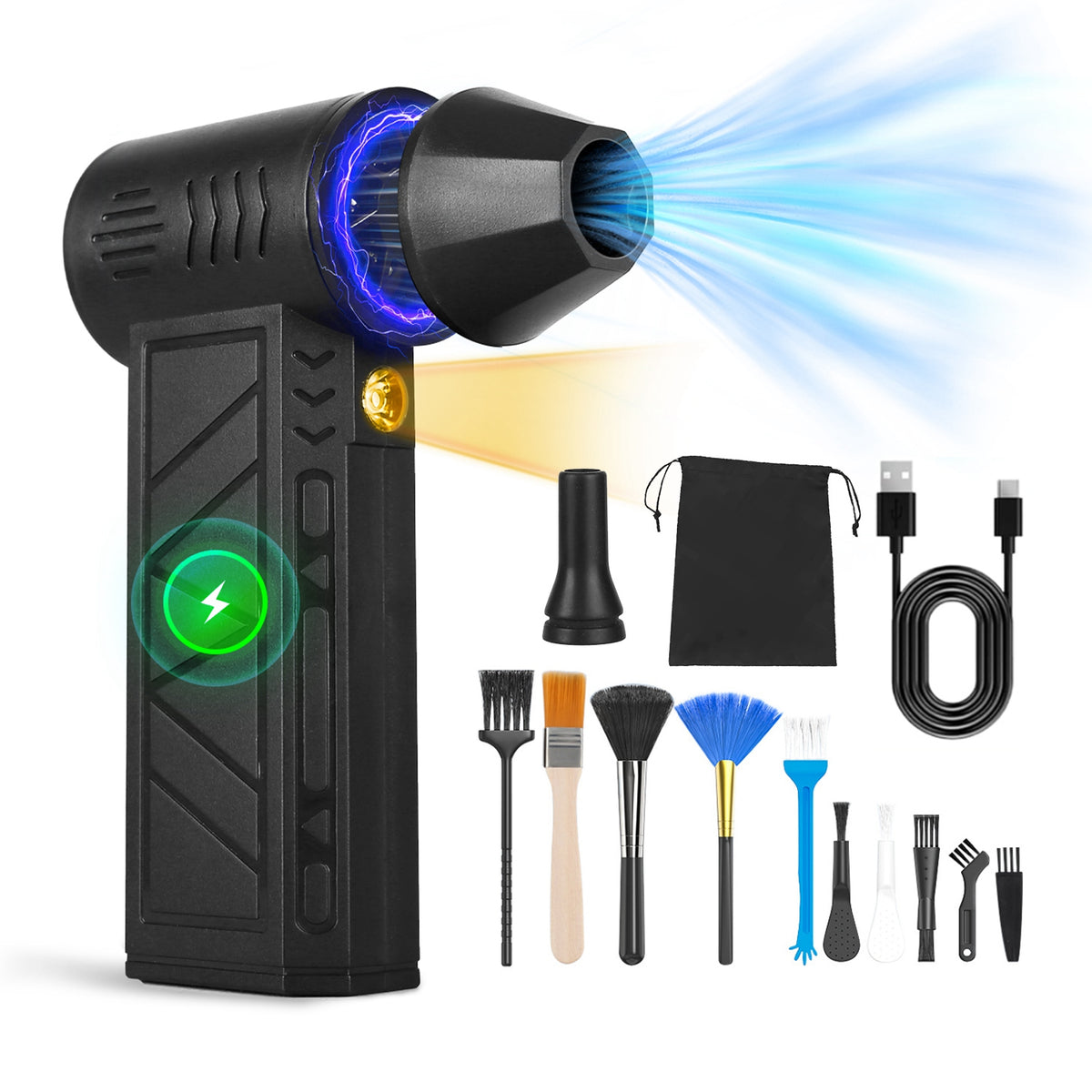 Cordless rechargeable air duster with LED light and cleaning accessories