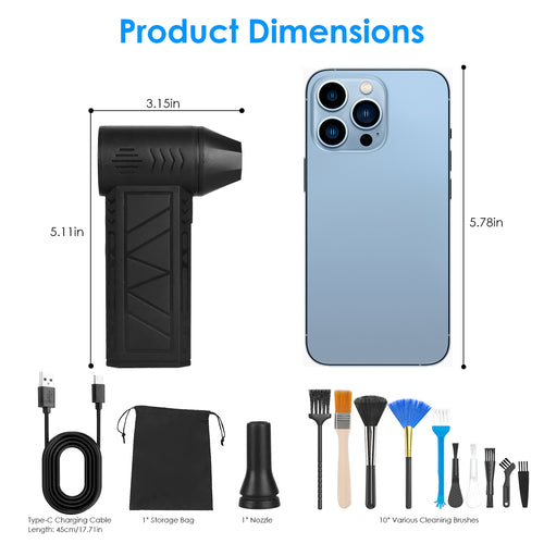 Compact air duster dimensions and included cleaning tools