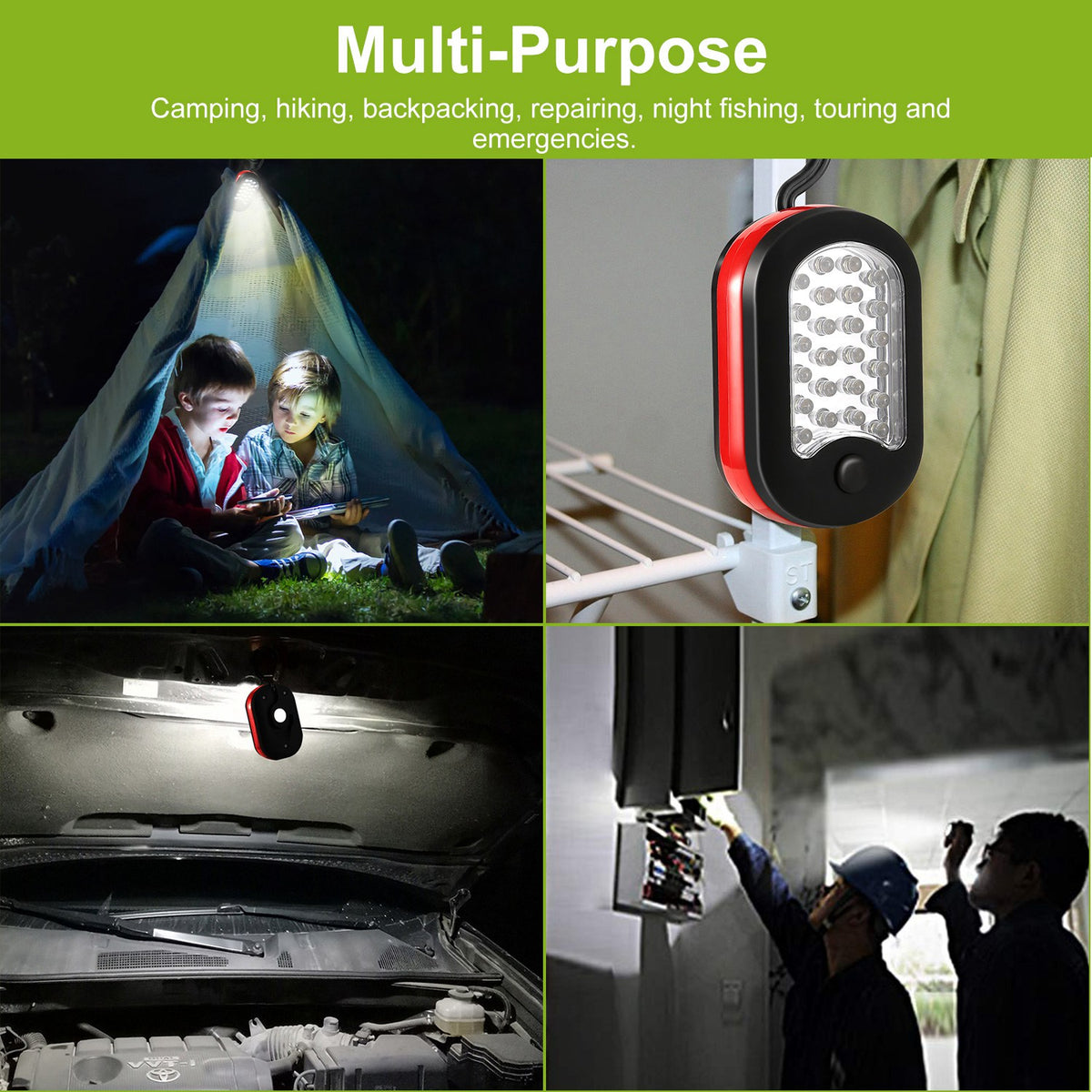 Magnetic LED work light shown in different use settings